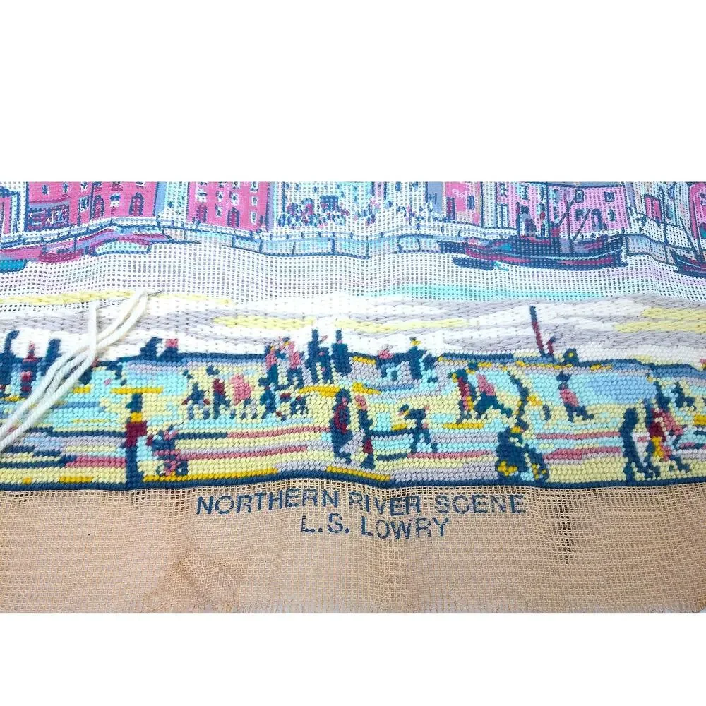 Vintage DMC Needlepoint Northern River Scene LS Lowry WITH Yarn